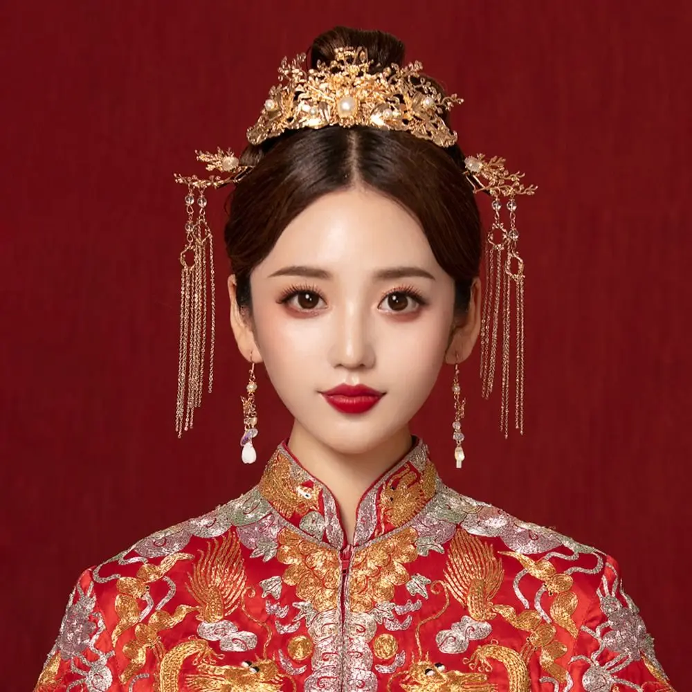 

Disk Step Shake Pearl With Earrings Chinese Style For Female Bride Crown Hair Accessories Women Hair Fork Hanfu Hair Sticks