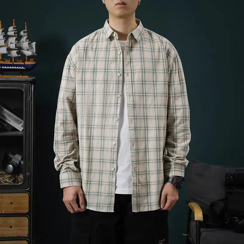 

Мужская свободная рубашка в клетку с длинным рукавом, повседневная, весенне-осенняя, в корейском стиле, студенческая, в гонконгском стиле, художественная, из 100% хлопка