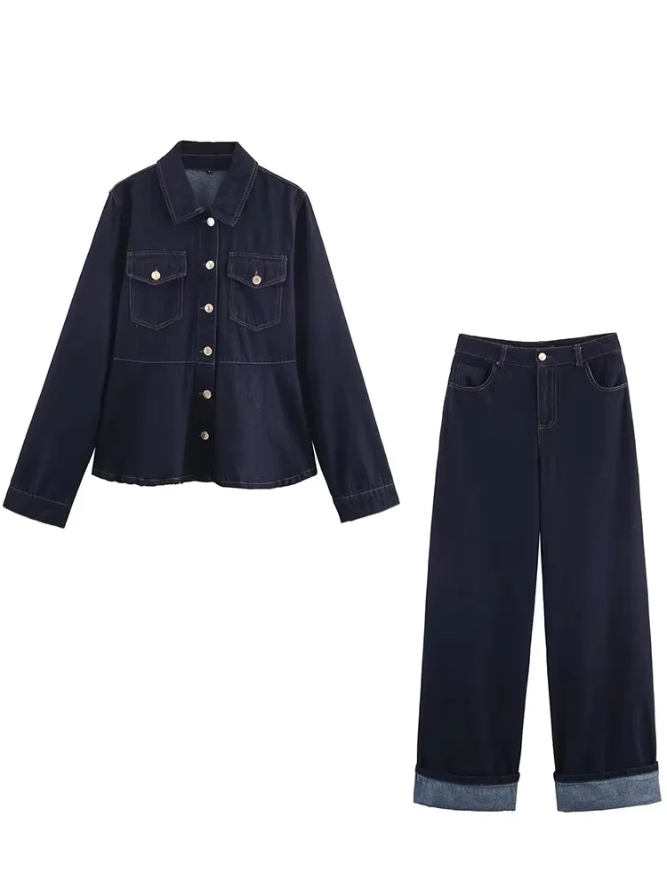 

HH Осенний женский модный однобортный топ с лацканами и длинными рукавами + молния с высокой талией и отложными брюками, прямые брюки, джинсовый комплект из 2 предметов