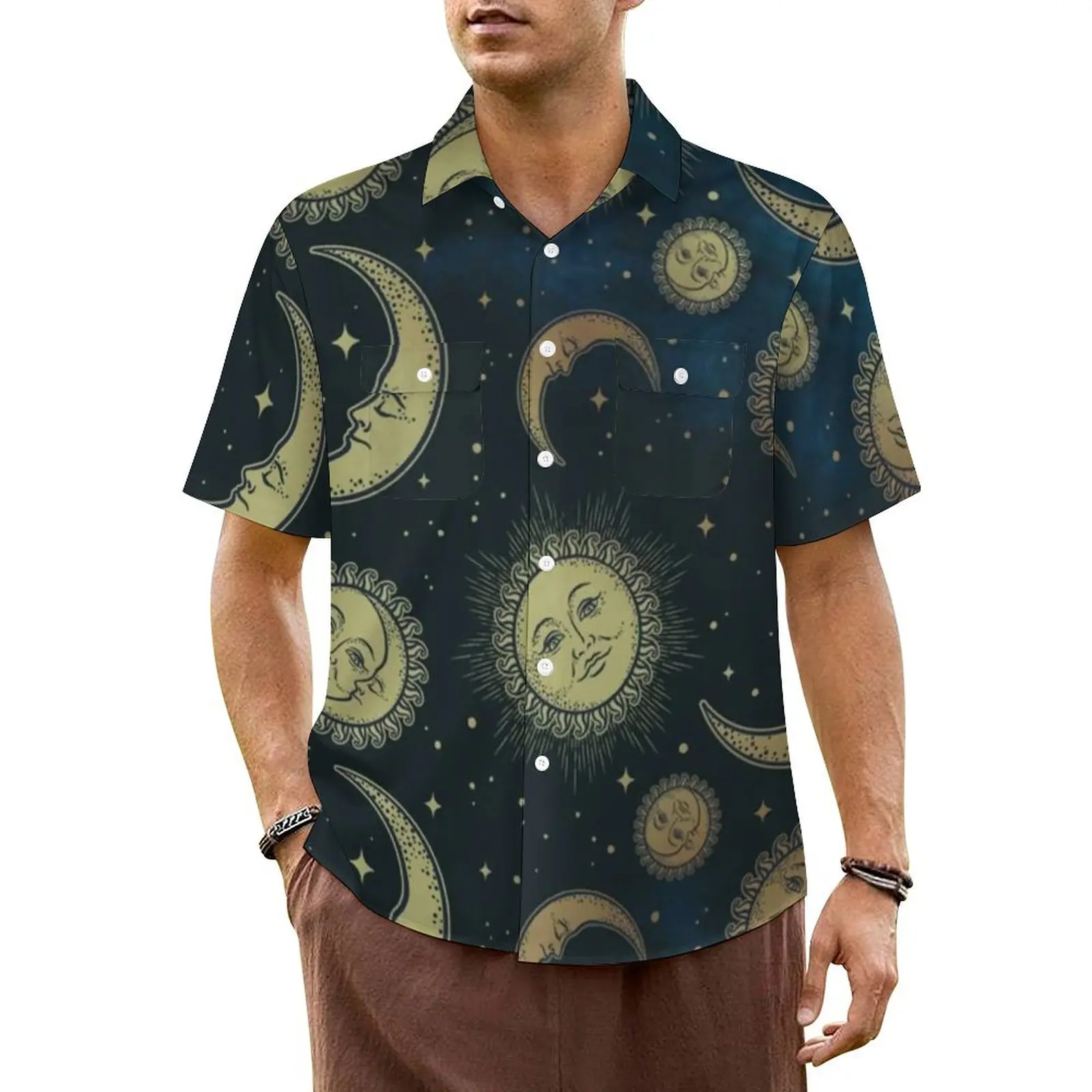 

Retro Sun Print Vacation Shirt Man Moon Stars Celestial Night Retro Casual Shirts Hawaiian Street Style Design Plus Size Blouses