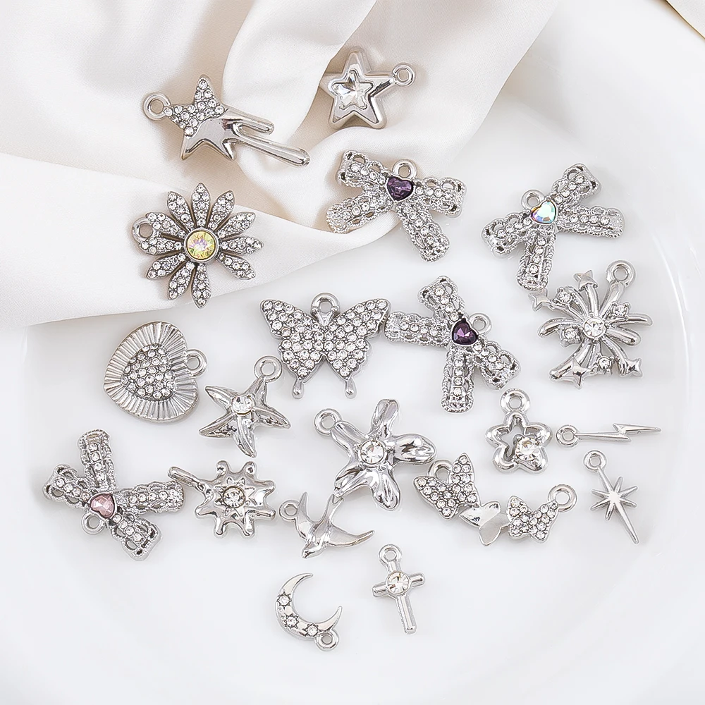 

5pcs Alloy Diamond Steel Color Pendant With Stars Moon Lightning Heart Starfish Flower Cross Pendant For DIY Jewelry Accessories