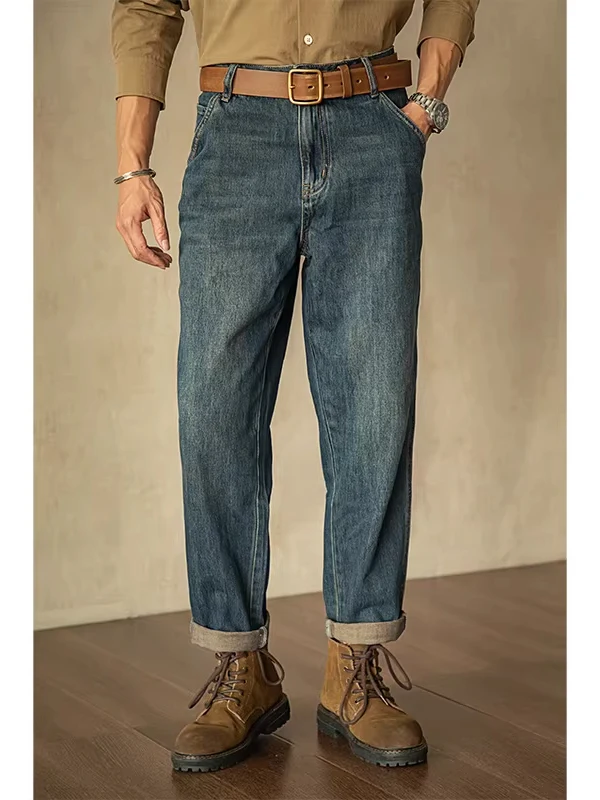 

Мужские джинсы свободного кроя со средней посадкой, выцветшие, в американском ретро-стиле, рабочие, повседневные, прямые брюки для лета