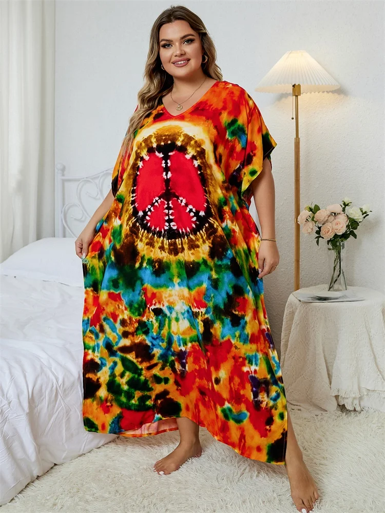 Sexy V Neck Print Oversize Kaftan Batwing Sleeve Side Slit Summer Vacation Women Beachwear Plus Size Swimsuit Cover-ups Q1464