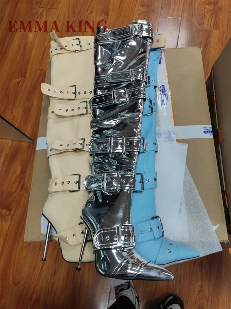 الإناث مشبك حزام عبر تعادل فوق الركبة الأحذية أشار تو كعب معدني دراجة نارية أحذية عالية الكعب الفخذ أحذية عالية امرأة