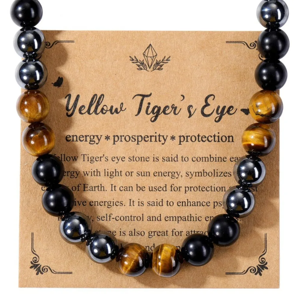 Triple Protection Necklace Natural Yellow Tiger Eye Black Obsidian Hematite Beaded Necklace for Men Healing Stone Jewelry Gift