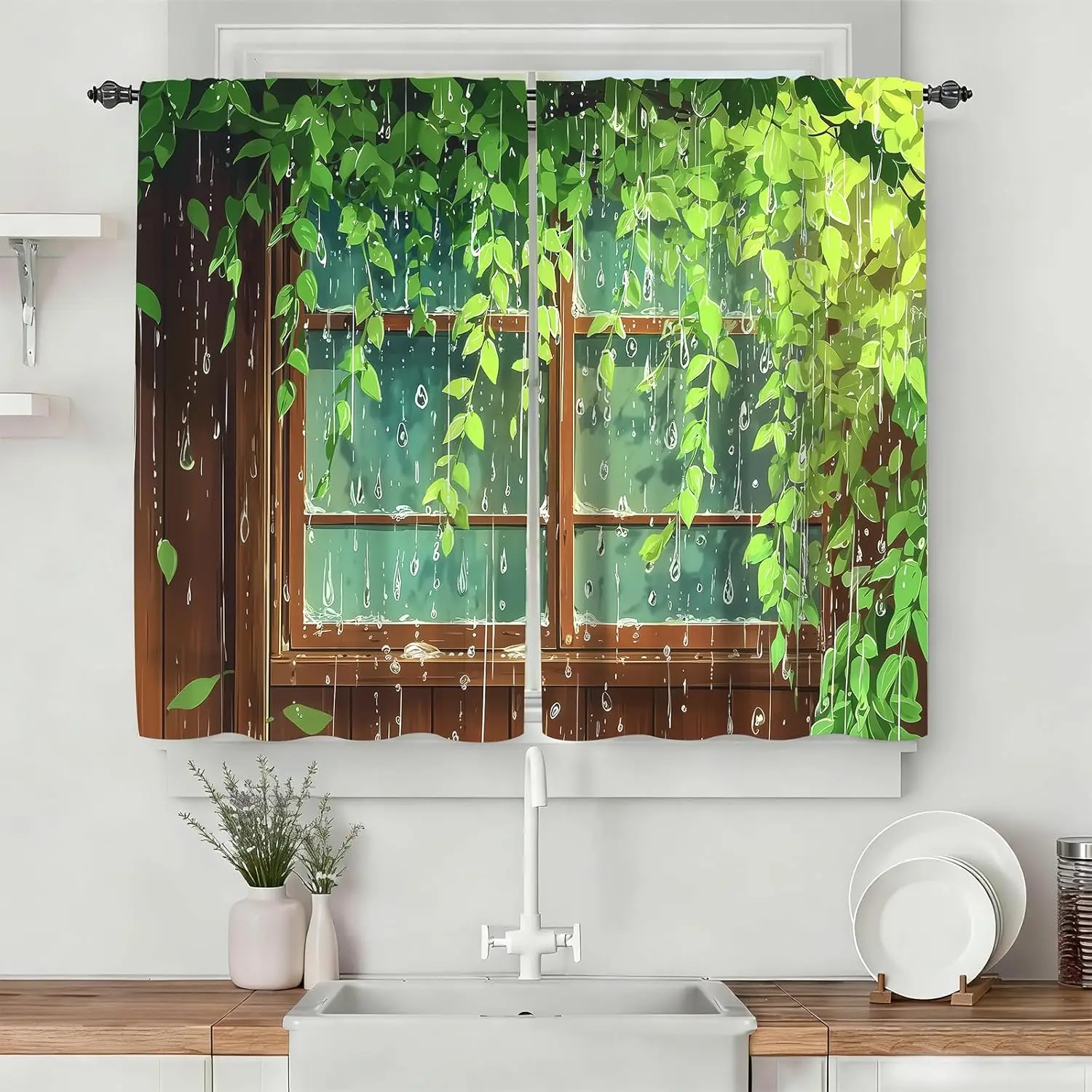 Rustic Green Jungle Vine Water Drop Leaf Curtains for Living Room Window Tropical Nature Decor Drapes
