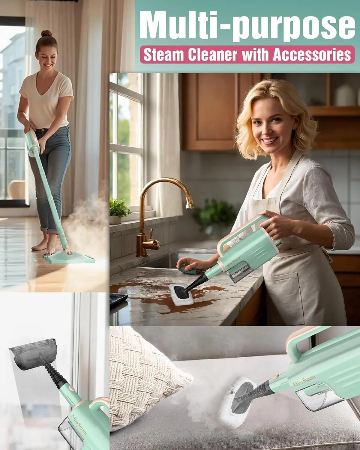 Lightest Detachable Steam Mop with 2 Modes, Adjustable Heat for Hardwood, Laminate & Tile Grout – High-Temp Deep Cleaner