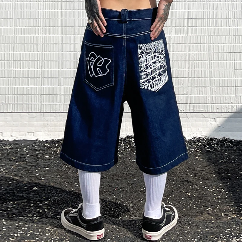 

Hip Hop Pockets Embroidery Letter Print Jeans Shorts for Men Summer Retro Oversized Wide Leg Denim Knee Lenght Pants