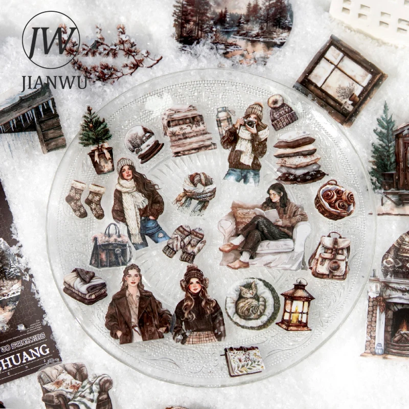 JIANWU Warm Moment Series Vintage Winter Snow House Character Landscape Material Collage PET Sticker Creative Journal Stationery