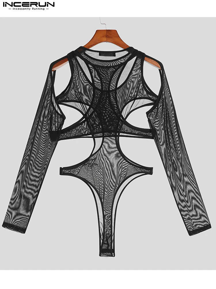 Men Bodysuits Mesh See Through Pajamas 2023 Hollow Out Solid Underwear Sexy O-neck Long Sleeve Men Irregular Bodysuit INCERUN