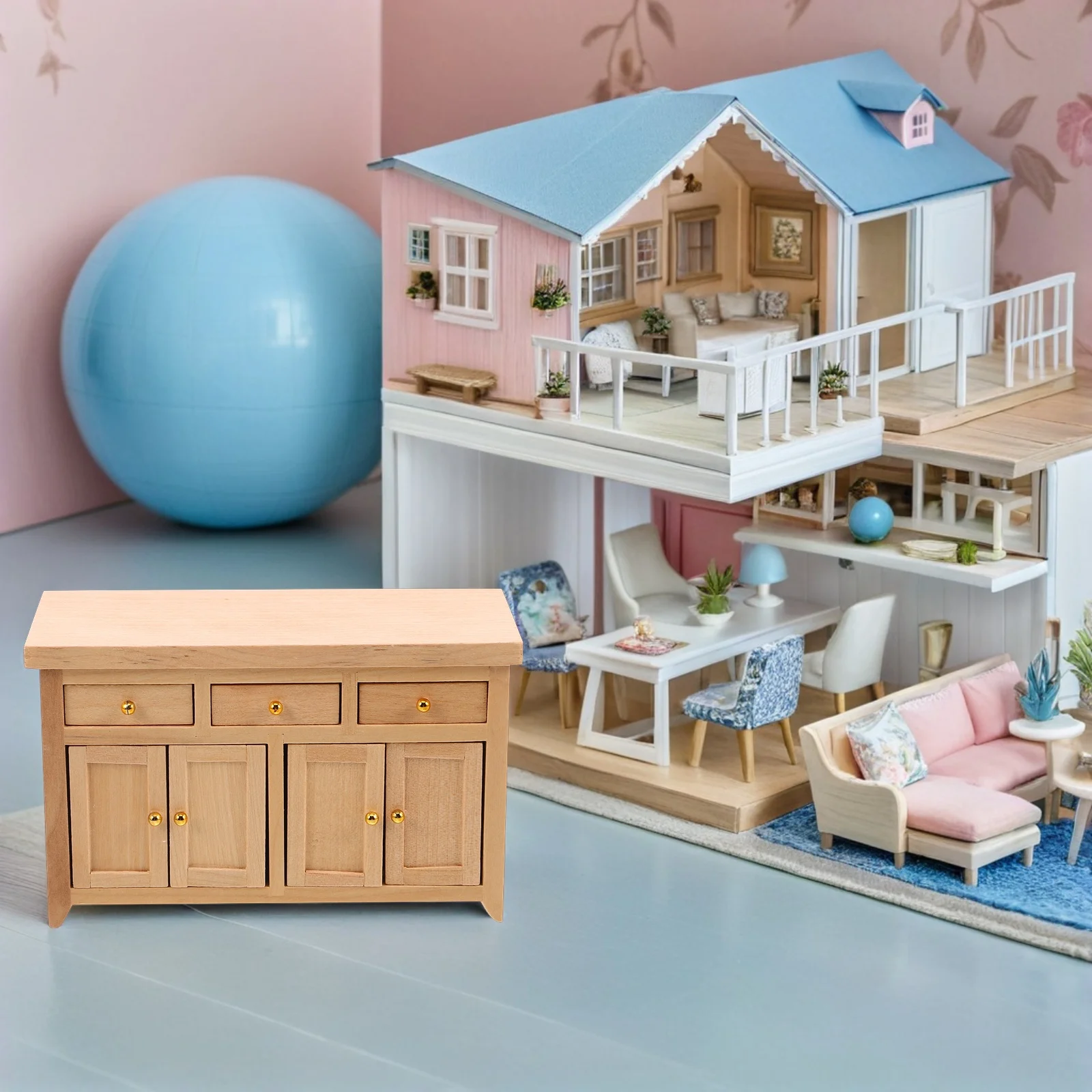 House Furniture Dollhouse Decor Wooden Mini Cabinet Storage Beige Drawer Micro Scene