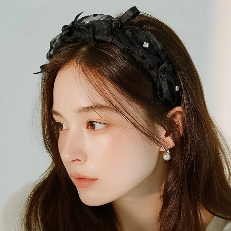 

Black Polka Dot Mesh Headband Hairbands with Satin Bow Pressed Hair Hair Clips Women Accessories
