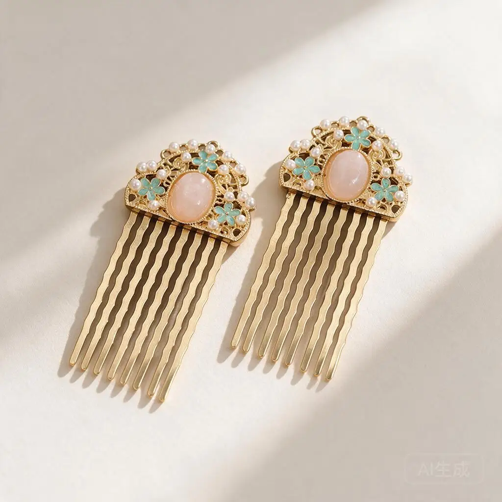 Retro Chinese Tang Style Metal Hair Comb Faux Pink Jade Pearl Enamel Floral Side Comb For Hanfu Cosplay Photo Shoot Hair Wear
