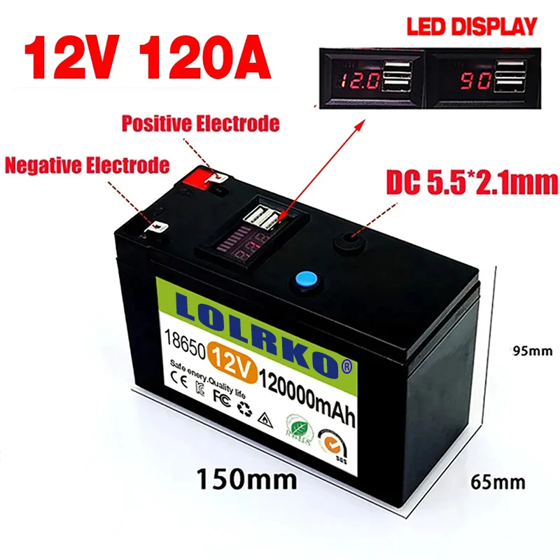 2024 Upgraded LiFePO4 Lithium Battery 12V 120Ah Portable Rechargeable Battery Built-in 5V 2.1A Usb Power Display Port Charging