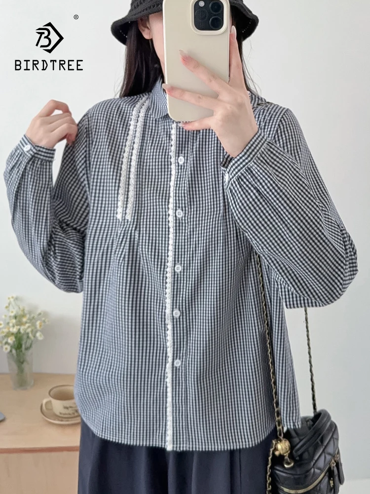 

Новая осенняя хлопковая рубашка с длинным рукавом 2025, женская клетчатая кружевная рубашка с отложным воротником, свободная блузка Mori Girl French OL T5O637CC