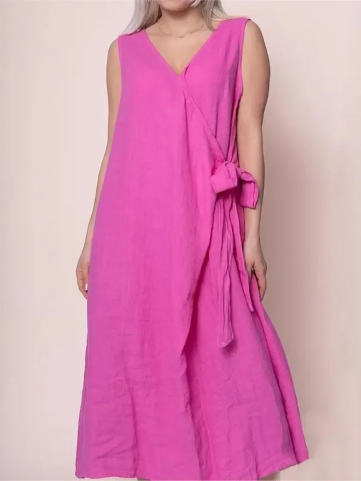 여성용 솔리드 루즈 드레스 캐주얼 섹시 브이넥 민소매 스파게티 스트랩 레이스업 드레스 여성 패션 휴가 여성 의류 신상품