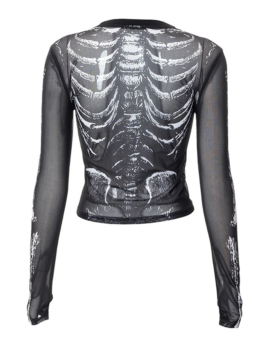 Women s Sheer Crop Tops y2k Gothic Long Sleeve See Through Spider Skull Print Mesh Top Sexy Halloween Shirts