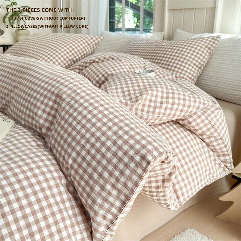 Khaki and Pink Plaid Bedding Bed Sheets Full Set | Includes 1 Duvet Cover and 2 Pillowcases and 1 Bed Sheets Comfortable Soft