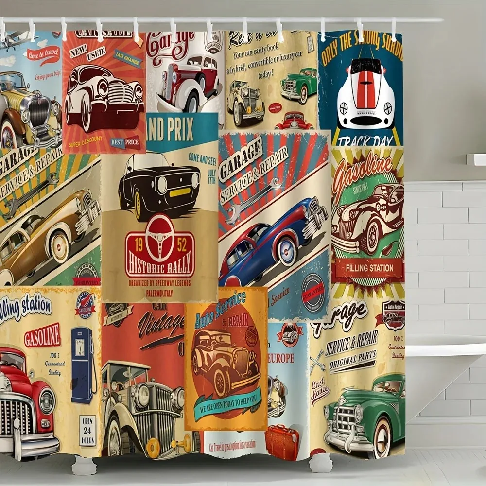 Vintage Cartoon Car Shower Curtain Retro Automobile Theme Bathroom Decor Fabric Panel with Hooks Washable Home Accessory