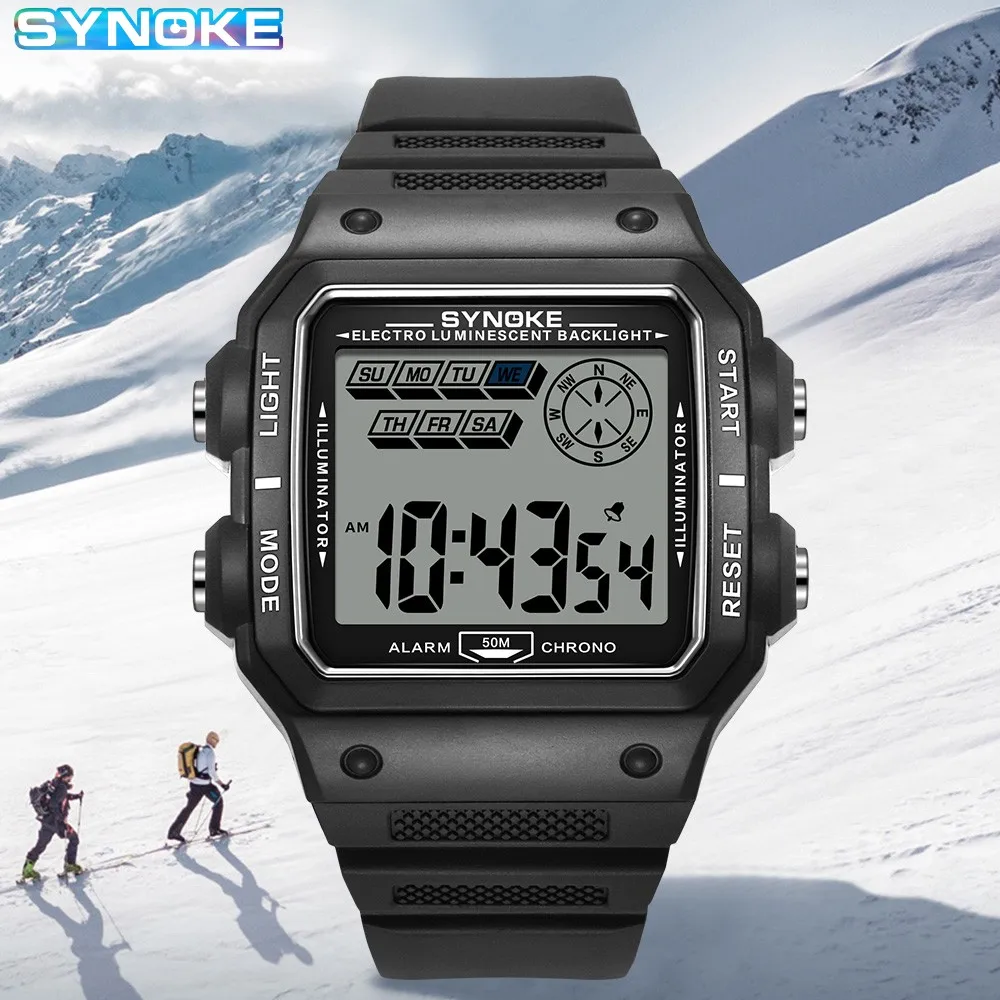 SYNOKE Digital Watch Men Sports Electronic Watch Waterproof Large Screen Square Student Watch Outdoor Running Camping