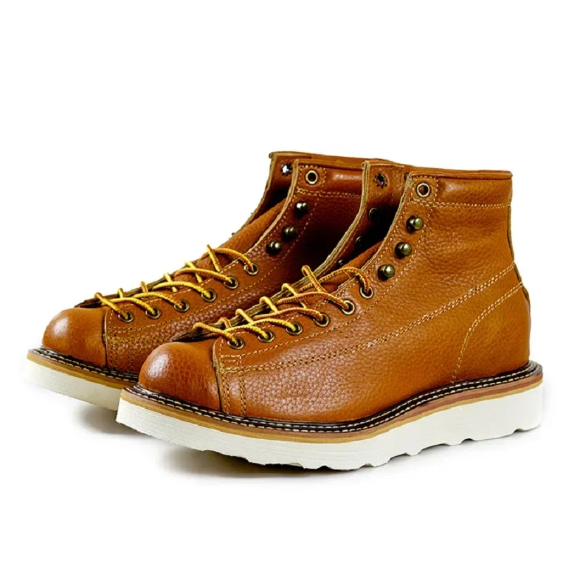 Men Spring Winter Casual Shoes Round Toe Genuine Leather Work Boots Goodyear-Welted Vintage Motorcycle Boots New