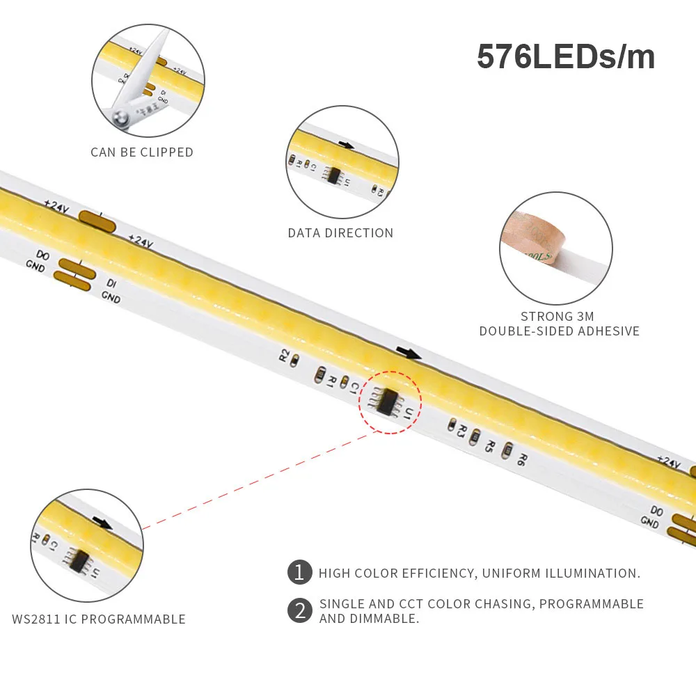 COB CCT WS2811 IC SPI taśma LED adresowalna 576 diod LED o wysokiej gęstości 2700K do 6500K elastyczna taśma FOB RA90 10mm DC24V