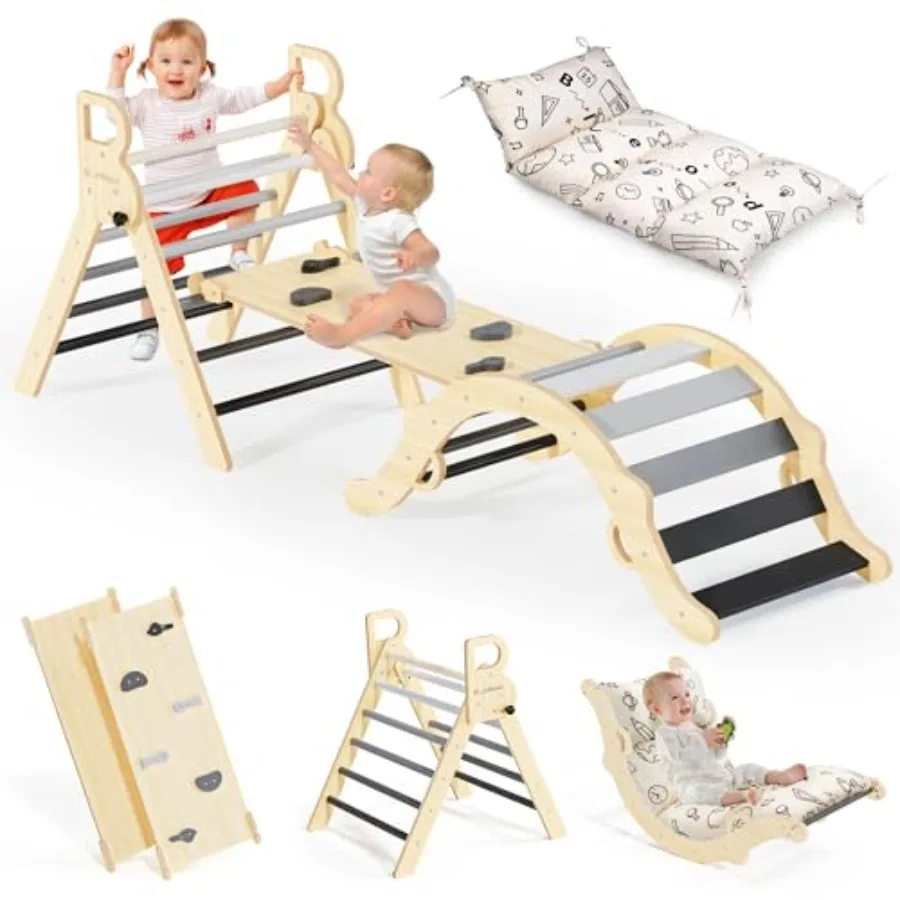 Zestaw Trójkąt Pikler z Poduszką 8-w-1 Zabawki do Wspinaczki dla Maluchów Filozofia Montessori Zabawa w Jungle Gym z Łukiem, Rampą i Drabinką