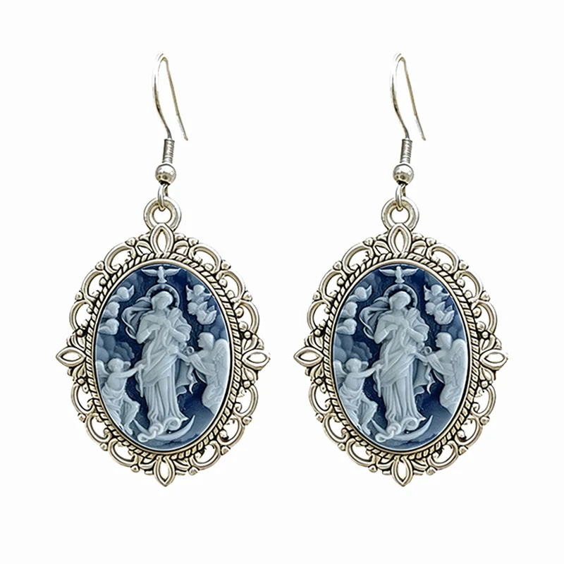 Vintage azul branco virgem maria cameo brincos oval madonna com anjos pingente de vidro brincos para mulheres jóias cristãs