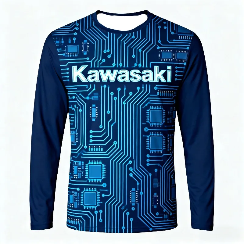 

MOTO-темно-синяя рубашка с длинным рукавом, с технологической печатной платой и рисунком логотипа Kawasaki