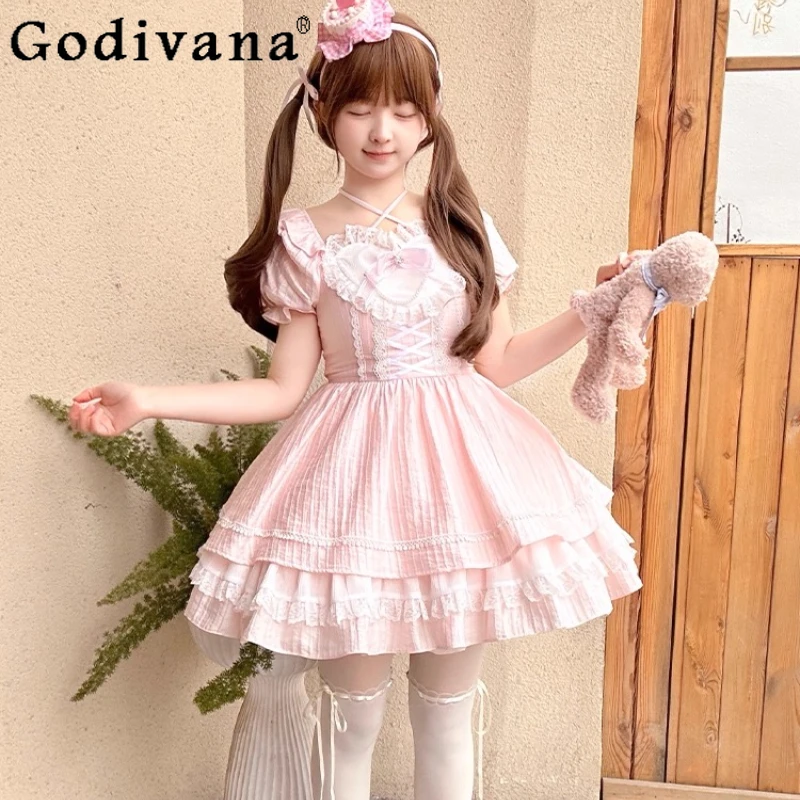 

Summer New Style Pink Lolita Dress Women Original Design Sweet Cute Dress Short Sleeve Japanese Style Dress for Girls
