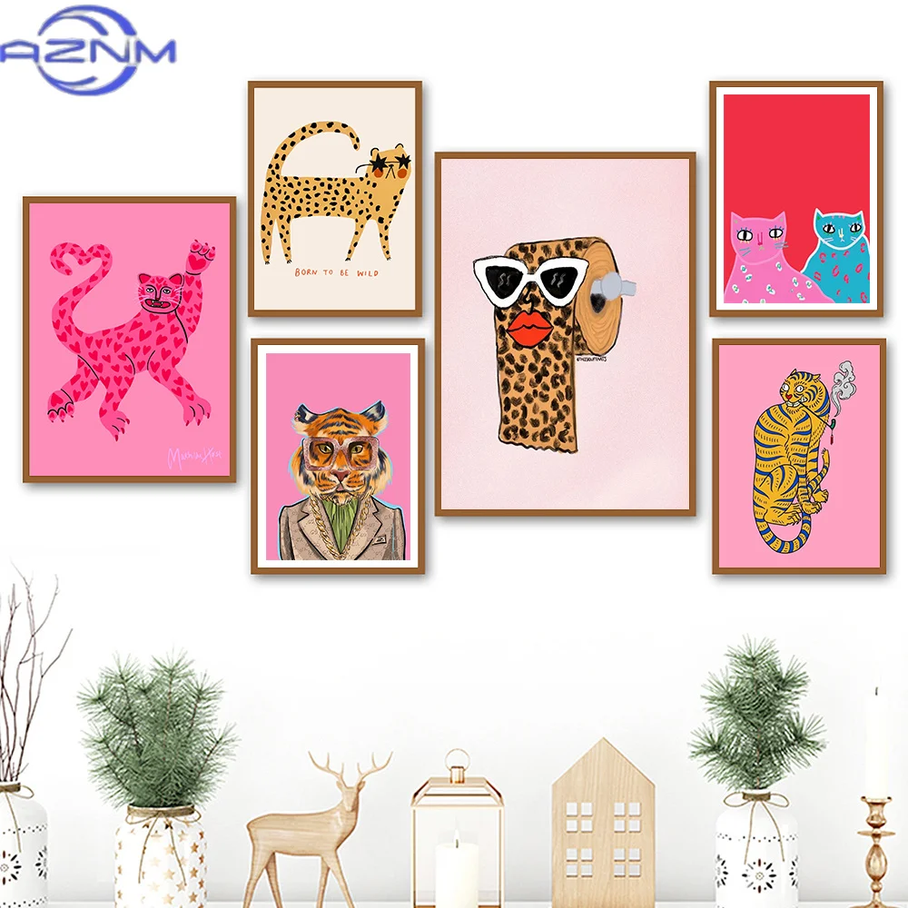 Pink Wall Art Tiger Leopard Print Roll Paper Canvas Painting Nordic Poster Printing Wall Picture Cute Kids Bed Room Decoration