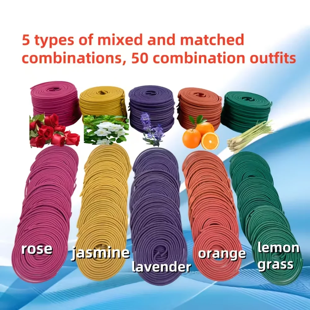 1 Can of 50 Mixed Spiral Incense Sticks + Gourd Base, with Scents of Rose, Jasmine, Lavender, Lemongrass, and Orange Burning Time: 3-4 Hours. Suitable for Air Purification, Yoga, Meditation, Fitness, Home Cleaning, and Relaxation. An Ideal Gift Choice for Home Use or Outdoor Occasions. Exquisite Holiday Decorations