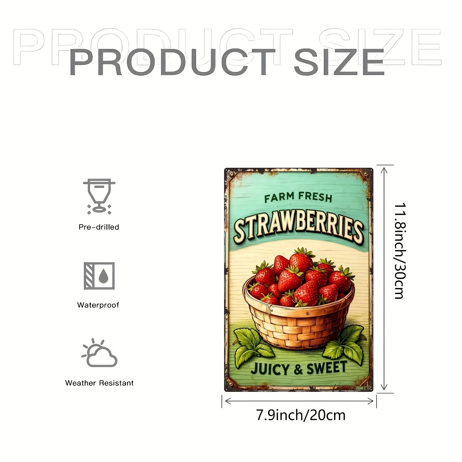 2D Flat - Retro Strawberry Metal Wall Art Sign - Nostalgic Strawberry Tin Plate Decor 8X12 Inches (20X30 Cm) Iron Fruit Hanging