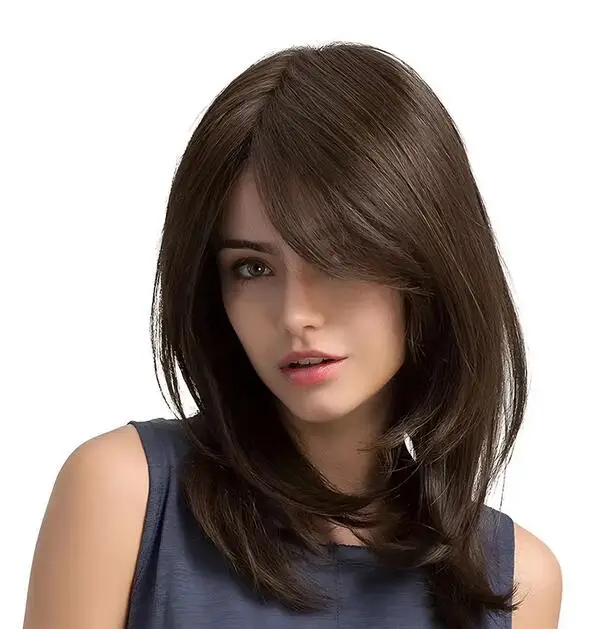 18 Inch Natural Brown With Bangs Layered Wigs Fashion Natural Mid Length Version Synthesis Women's Wigs Full Head Cover