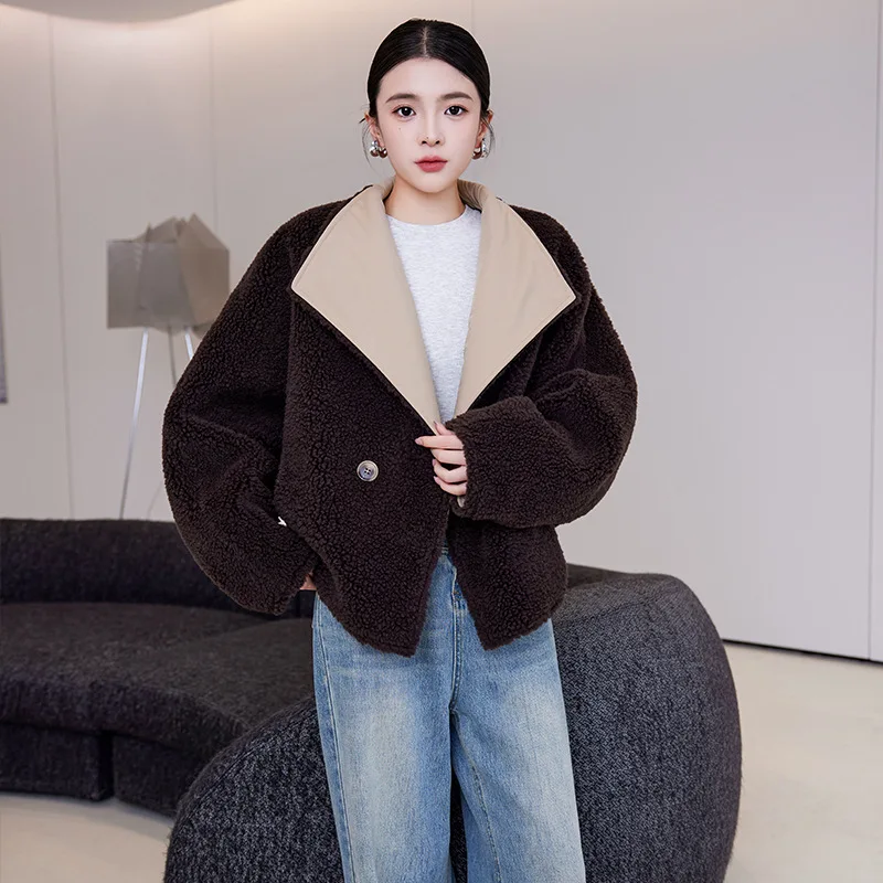 เสื้อโค้ทพาร์กาผู้หญิงแบบกลับด้านได้ ทรงสั้น สำหรับฤดูใบไม้ร่วงและฤดูหนาว ทำจากขนแกะแท้ สไตล์ลำลอง