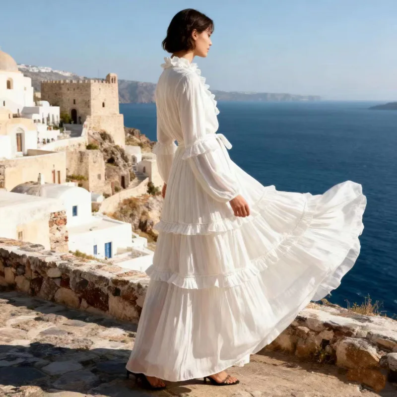 2026 ホリデー スレ フローラルタイ スタンドカラー マルチレイヤー パールレース ラージスイング ピュアカラー レディース ドルベルベット生地 ロングスカート