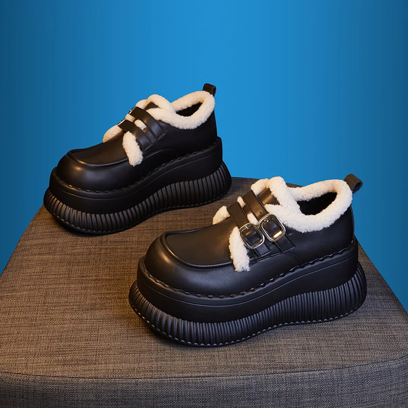 NEW Winter Women Platform Cotton Shoes Female Warm Plush Loafers Thick Bottom Casual Short Boots Ladies Microfiber Leather Shoes