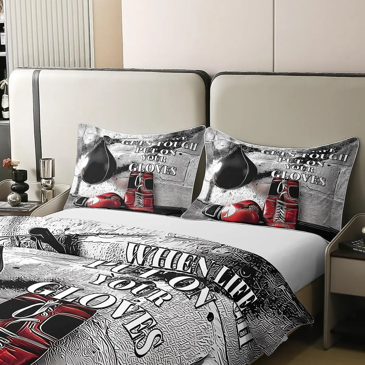 Boxing Bedding Set Double Red Black Boxing Gloves Duvet Cover Set 3pcs Motivational Quotes Sports Quilt Cover for Boys Men 4