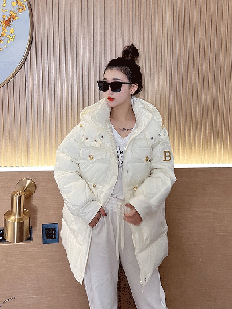 2022 Winter Jacket Women Short Parkas Fashion Pocket Hooded Down Jackets Streetwear Letter Loose Cotton Coat Female