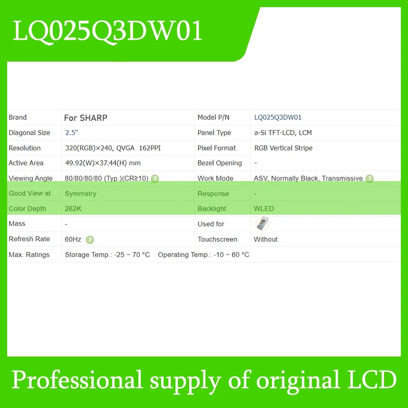 LQ025Q3DW01 2.5 Cal oryginalny LCD Panel wyświetlacza na ostrą, nową i szybką wysyłkę 100% przetestowane