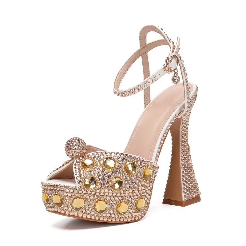 

14CM Style Rhinestone Sequined Peep Toe Women Gladiator Sandals Summer Elegant High Heels Crystal Wedding Banquet Bridal Shoes