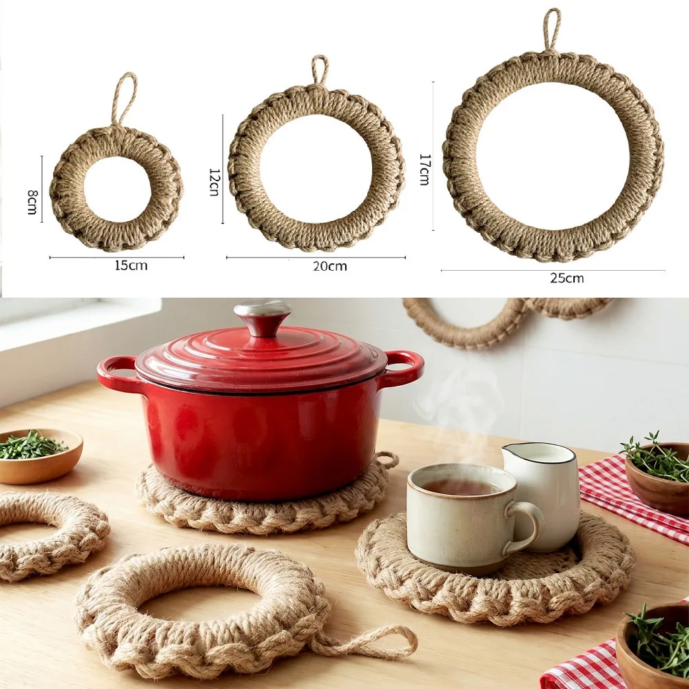 

2Pcs Rustic Jute Woven Trivets Boho Hot Pads Thick Heat Resistant Round Rope Pot Holder for Cast Iron Skillet Table Decor