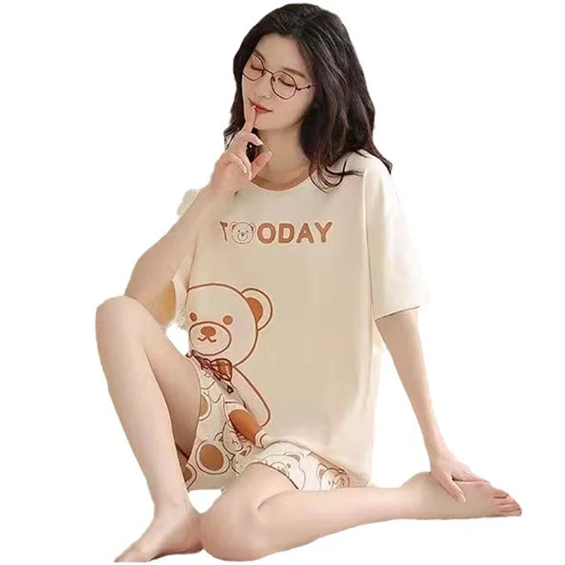 New Ladies Pajamas Homewear Set Female Summer Short-Sleeved Shorts Set Student Girls Cute Cartoon Summer Casual Pajamas Homewear