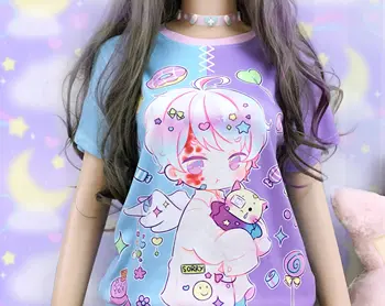 可愛卡哇伊Yami印花女短袖T卹 夏季休閒3D印花 夏季可愛男士運動上衣T卹 10 最佳銷售 暗黑可愛風服裝 - №6