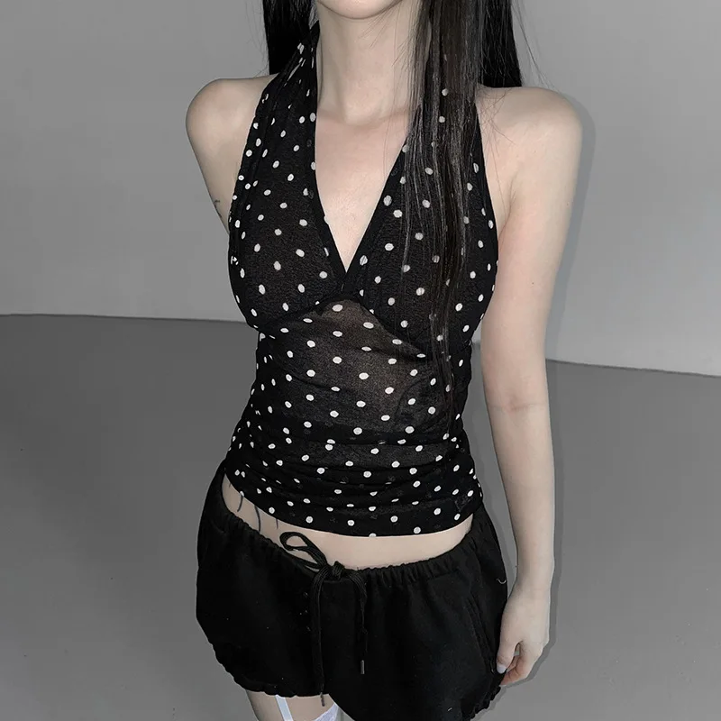 Polka Dot Print Vest Women Perspective Y2K Backless Halter V-Neck Skinny Summer Trend Daily Street Basic Chic Tank Tops