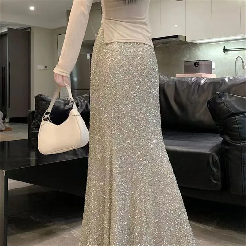 กระโปรงทรงเอไลน์ปักเลื่อมยาวปานกลาง เอวสูง สำหรับผู้หญิง ฤดูใบไม้ผลิ ฤดูใบไม้ร่วง รุ่นใหม่ กระโปรงยาวเข้ารูป ผลิตในจีน