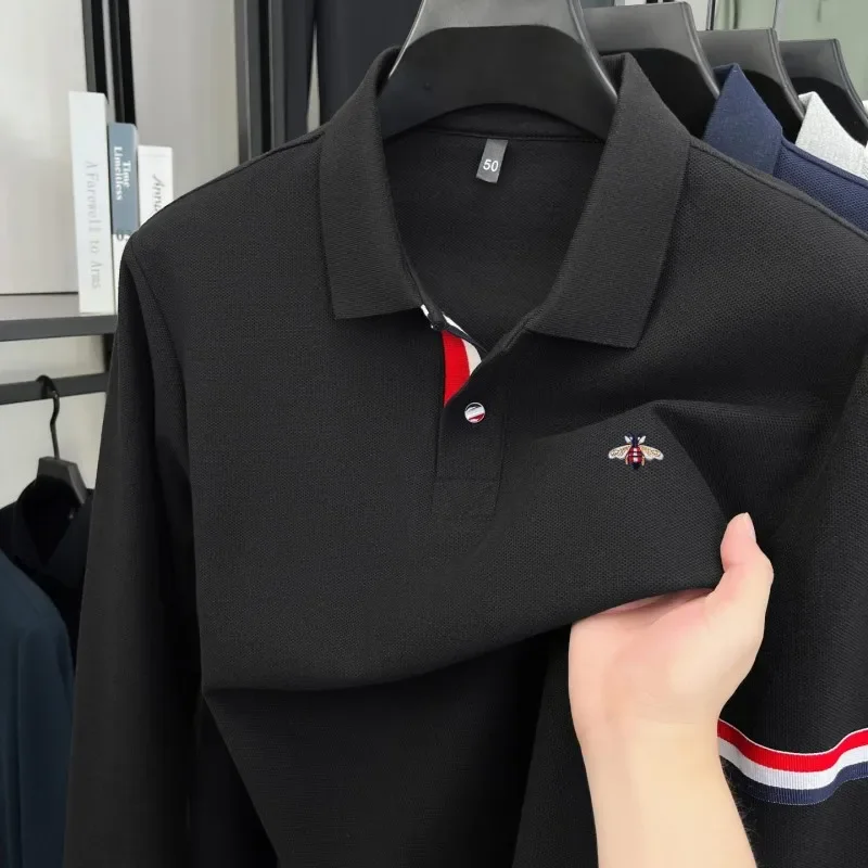 

Высококачественная брендовая мужская рубашка поло из 100 хлопка с лацканами и длинным рукавом, осеннее новое поступление, однотонная модная мужская одежда с вышивкой пчелы