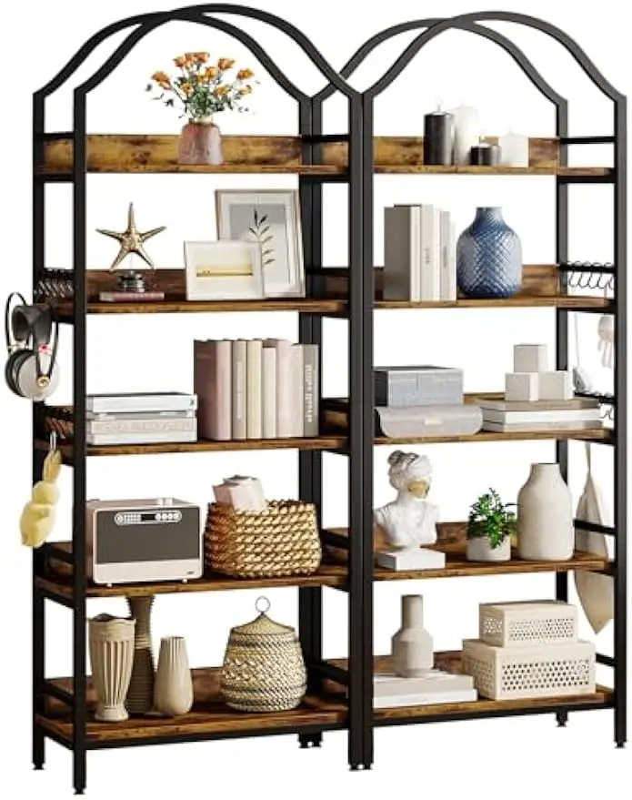 

5-Tier Bookshelf, 73" Tall Arched Bookcase, Industrial Wood Storage Rack Shelves w/ 4 Hooks, Standing Bookshelves Metal Frame