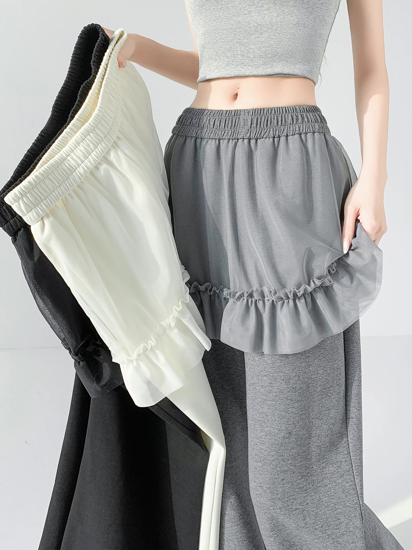 バレエスタイルメッシュパネルフェイクツーピースマイクロフレアパンツレディース春夏レイヤードスポーツスウェットパンツフロアレングスベルカフパンツ