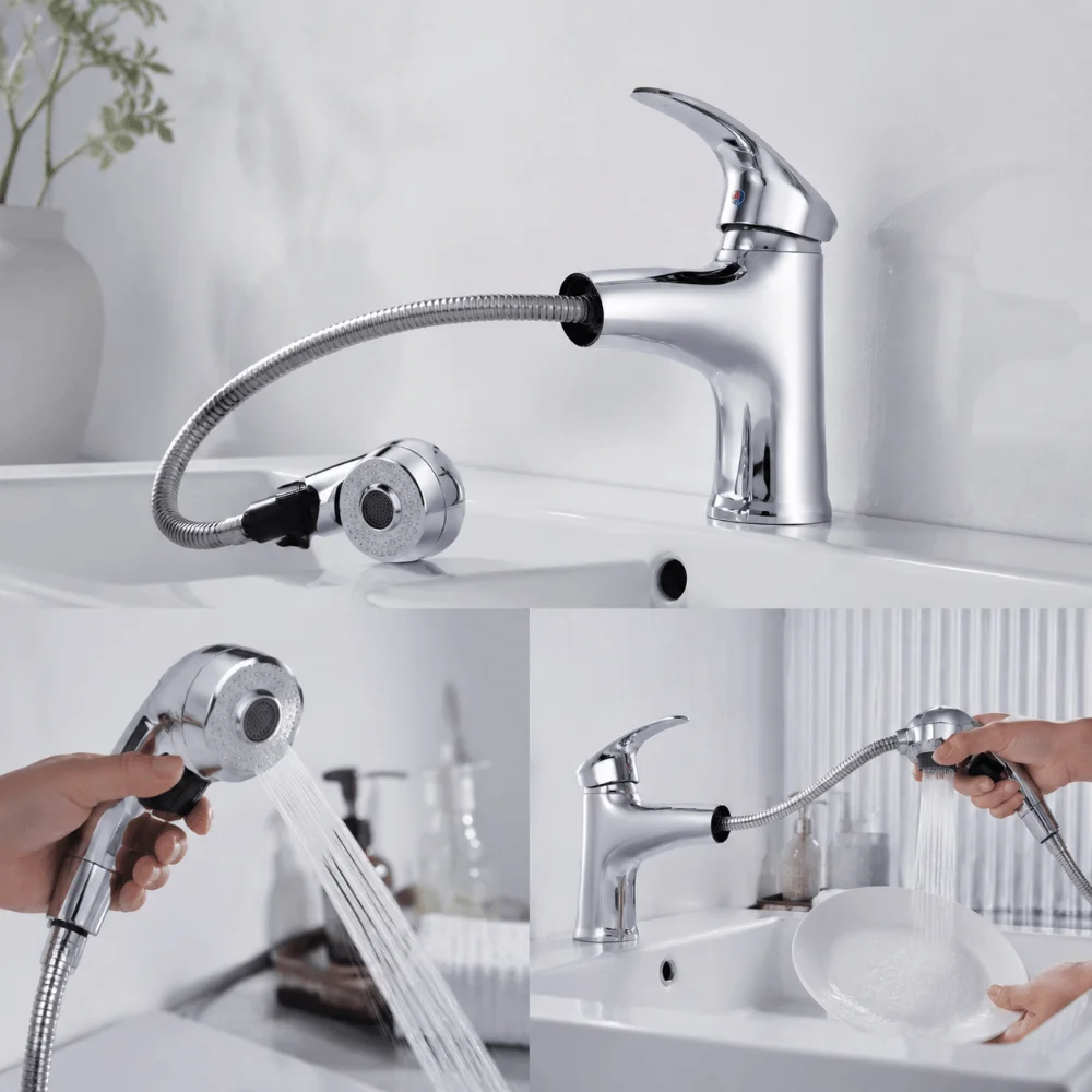 

Large Head Design Pull Out Faucet Hot Cold Water Mixing Premium Sturdy Material Mixer Tap Retractable Pull-Out Structure